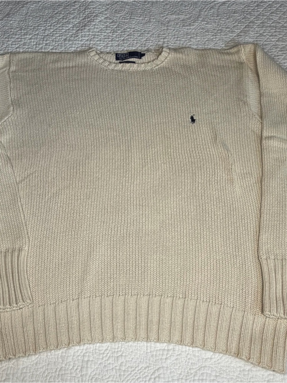 Ralph Lauren Cream Crewneck Cotton Sweater with Navy Pony